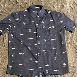 Huk Men's Navy Short-Sleeve Button-Up Shirt with Fish Print